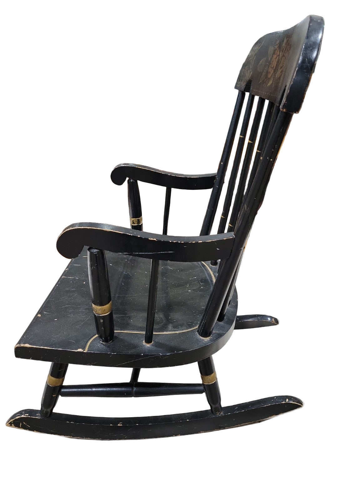 Vintage Child-Size Windsor Rocking Chair – Black with Floral Stenciling
