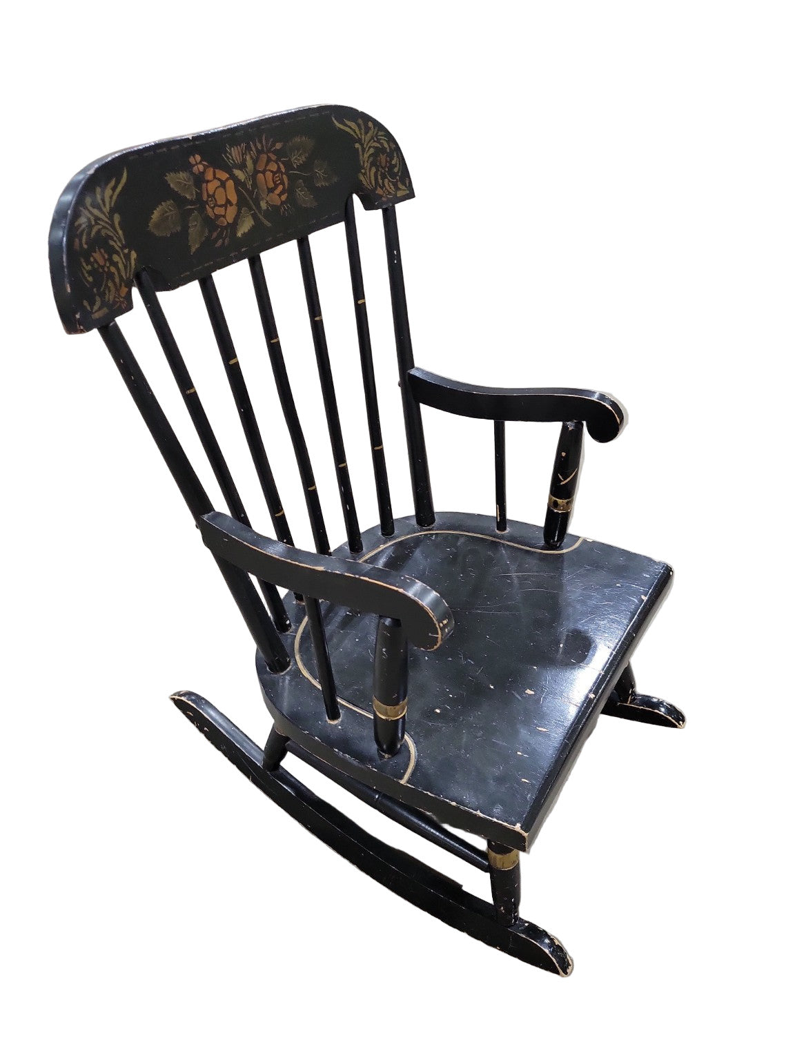 Vintage Child-Size Windsor Rocking Chair – Black with Floral Stenciling