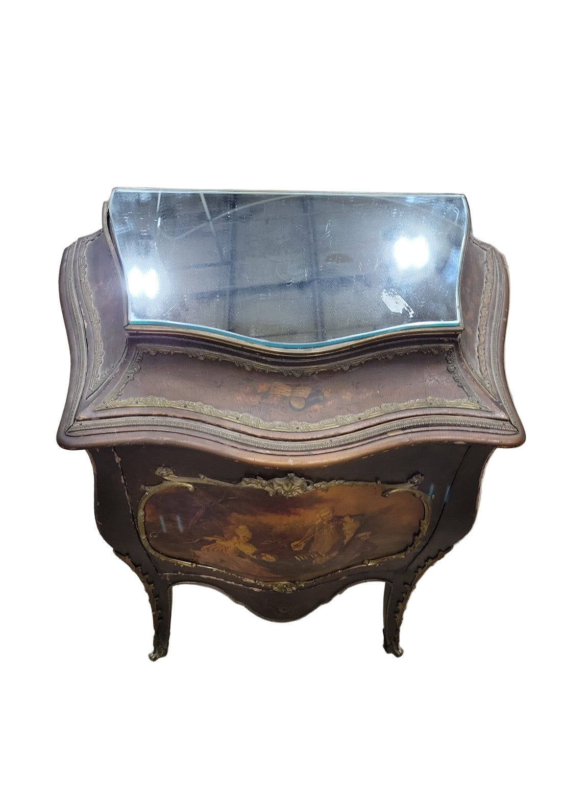 Antique Rococo Revival Painted Sheet Music Cabinet with Glass Top