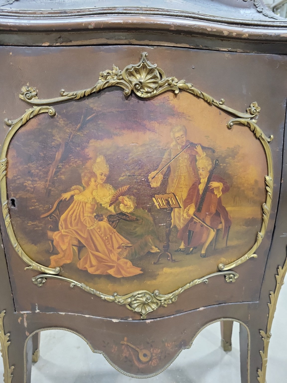 Antique Rococo Revival Painted Sheet Music Cabinet with Glass Top
