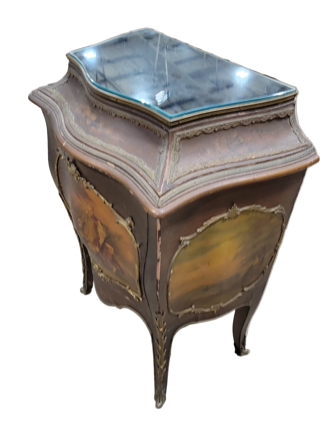 Antique Rococo Revival Painted Sheet Music Cabinet with Glass Top