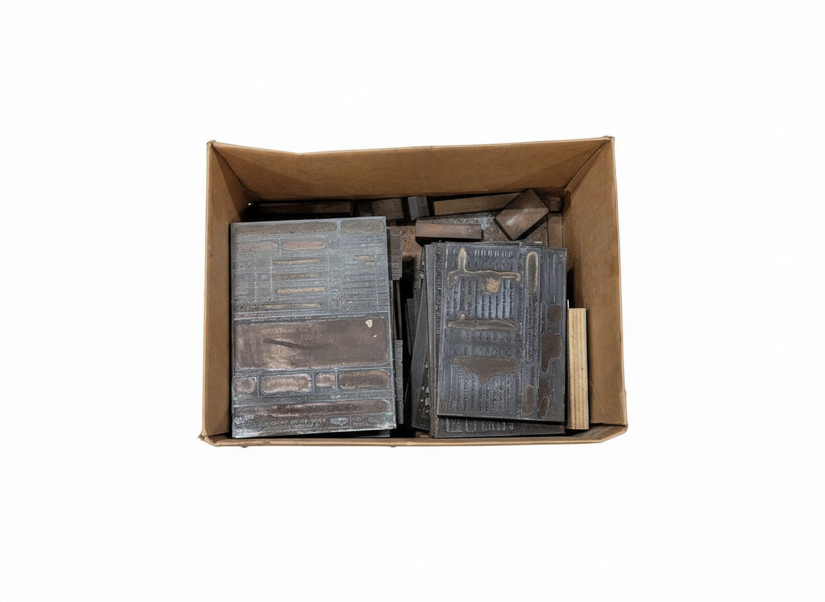Box of Miscellaneous Vintage Printing Press Plates – Industrial Type Blocks & Linotype Casts