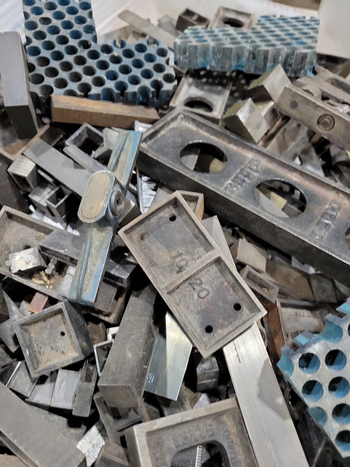 Bulk Bin of Assorted Printing Press Spacers and Components – Industrial Salvage Lot