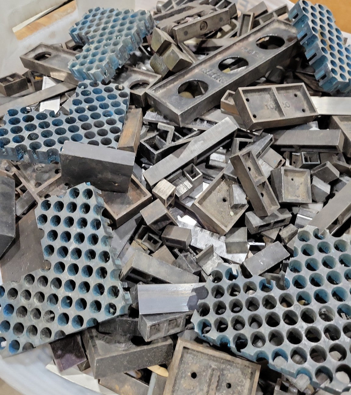 Bulk Bin of Assorted Printing Press Spacers and Components – Industrial Salvage Lot