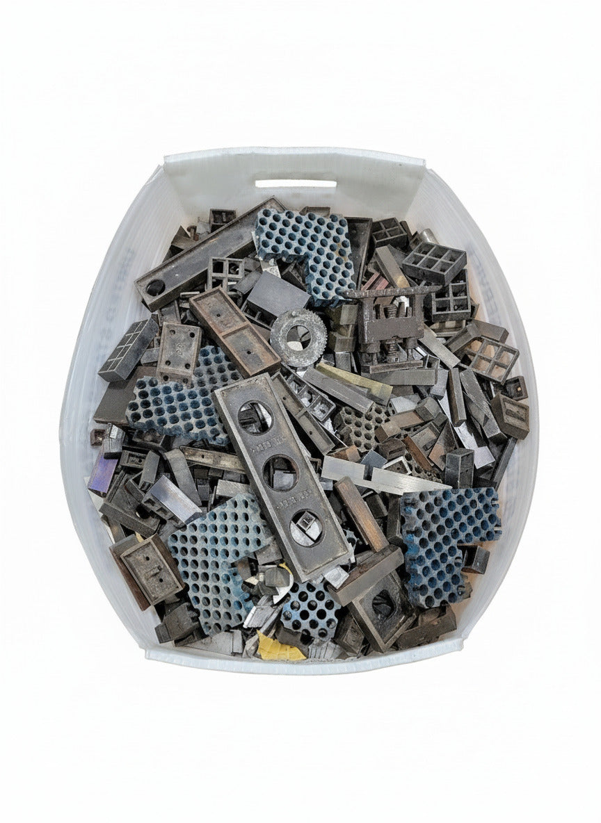 Bulk Bin of Assorted Printing Press Spacers and Components – Industrial Salvage Lot