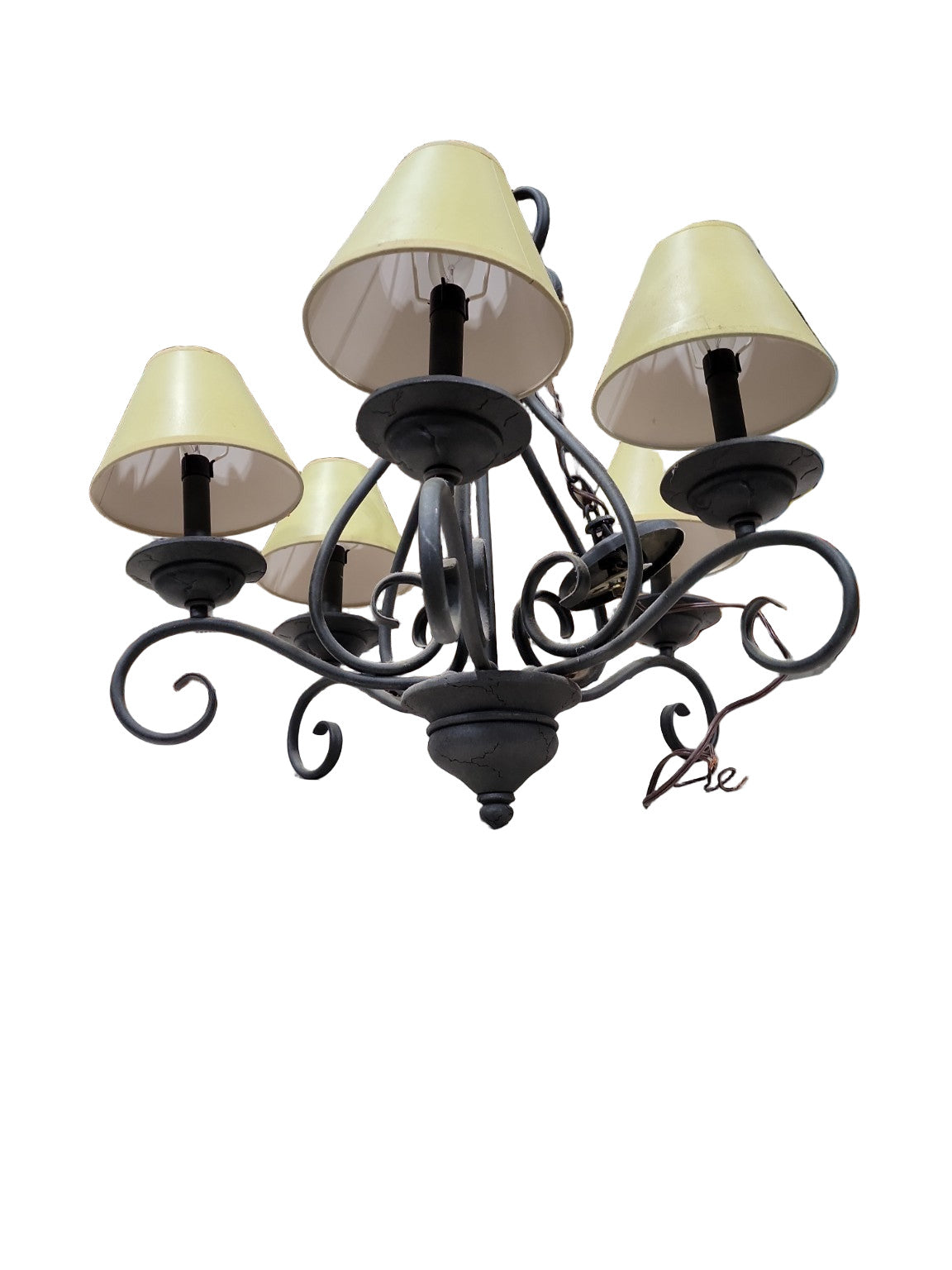 Vintage Wrought Iron 5-Light Chandelier with Yellow Shades