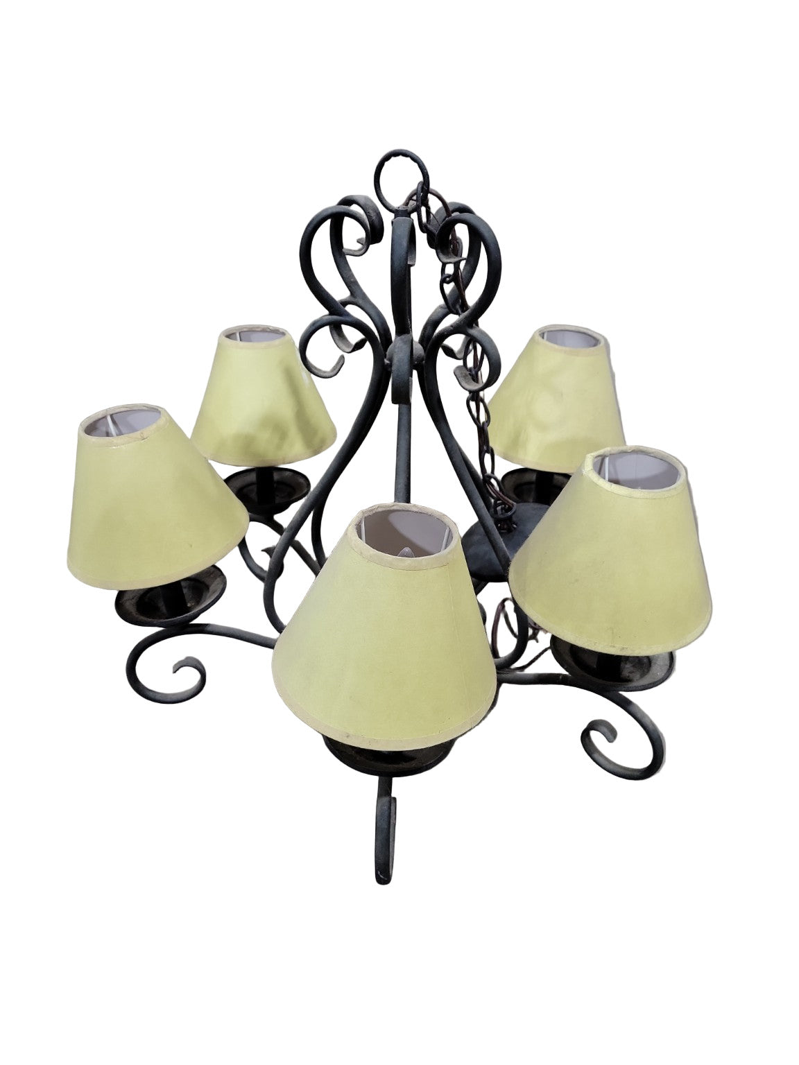 Vintage Wrought Iron 5-Light Chandelier with Yellow Shades