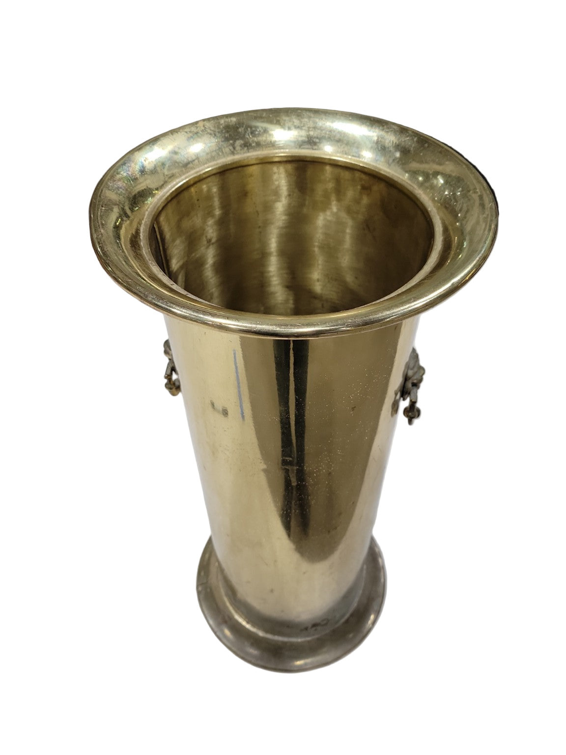 Vintage Brass Umbrella Stand with Lion Head Ring Handles – 22" Tall