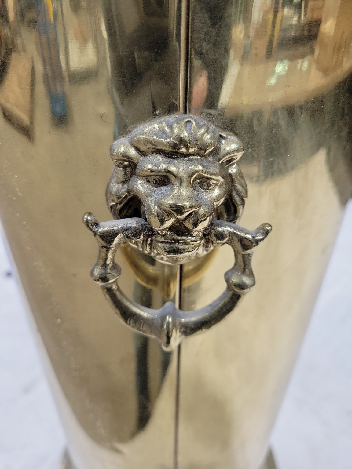 Vintage Brass Umbrella Stand with Lion Head Ring Handles – 22" Tall