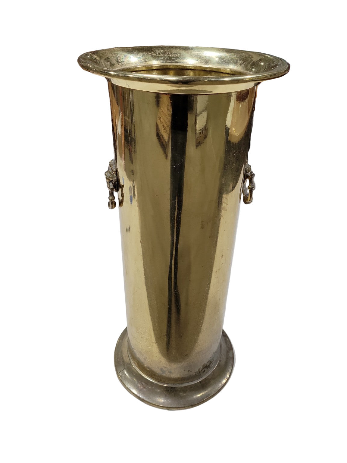 Vintage Brass Umbrella Stand with Lion Head Ring Handles – 22" Tall