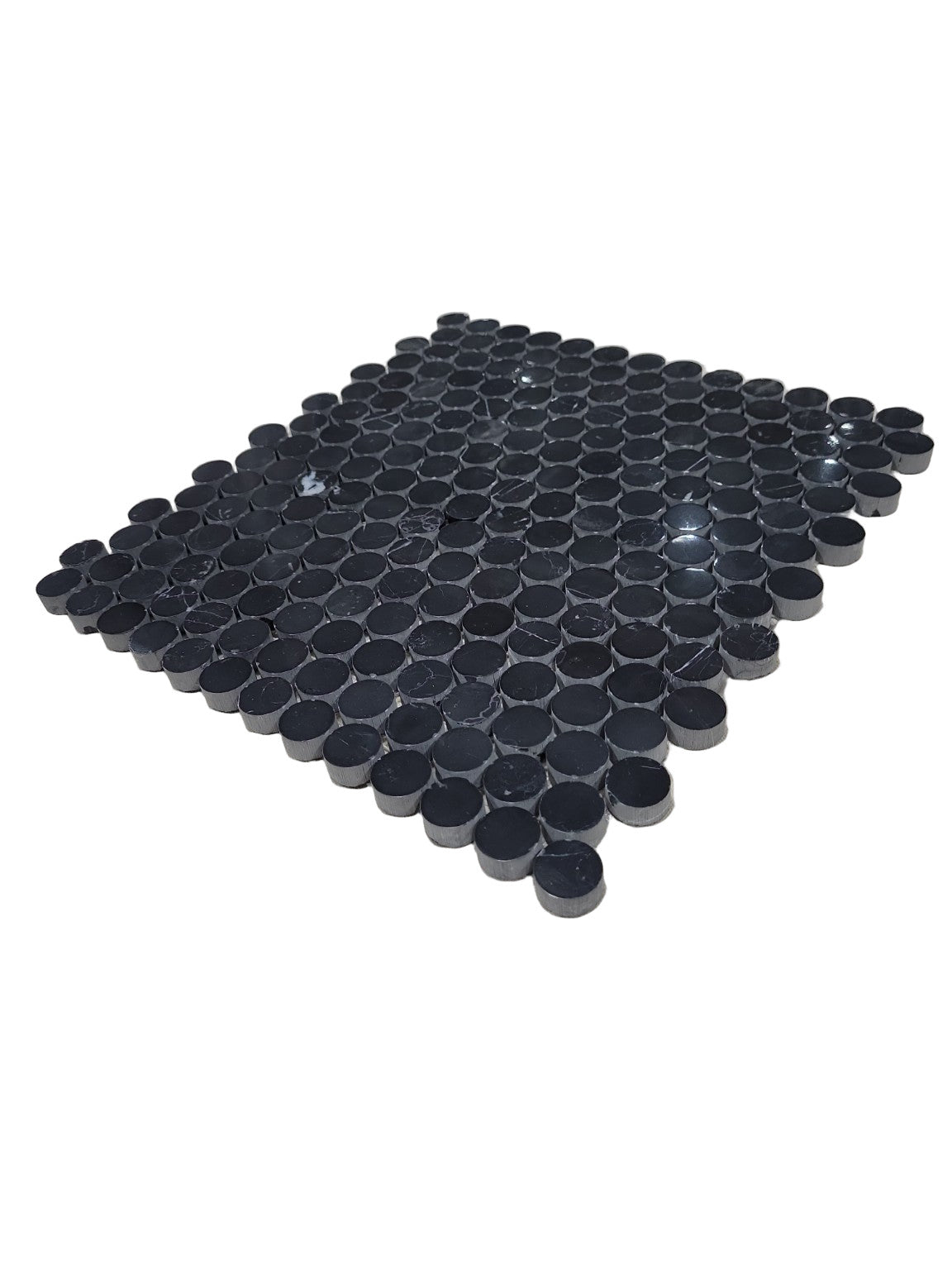 Set of 3 Mosaic Tile Sheets – Black Marble Penny Round, 11 ½" x 11 ⅛"