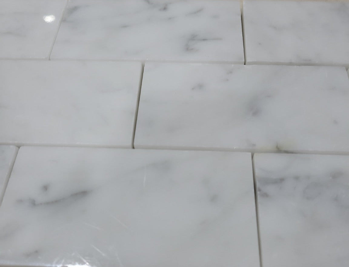 Set of 2 GBI Carrara Polished Porcelain Subway Mosaic Sheets – 13 ½" x 5 ⅞" Each