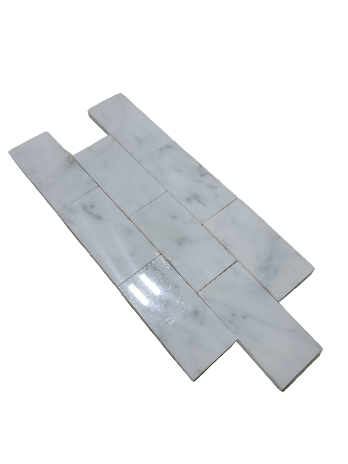 Set of 2 GBI Carrara Polished Porcelain Subway Mosaic Sheets – 13 ½" x 5 ⅞" Each