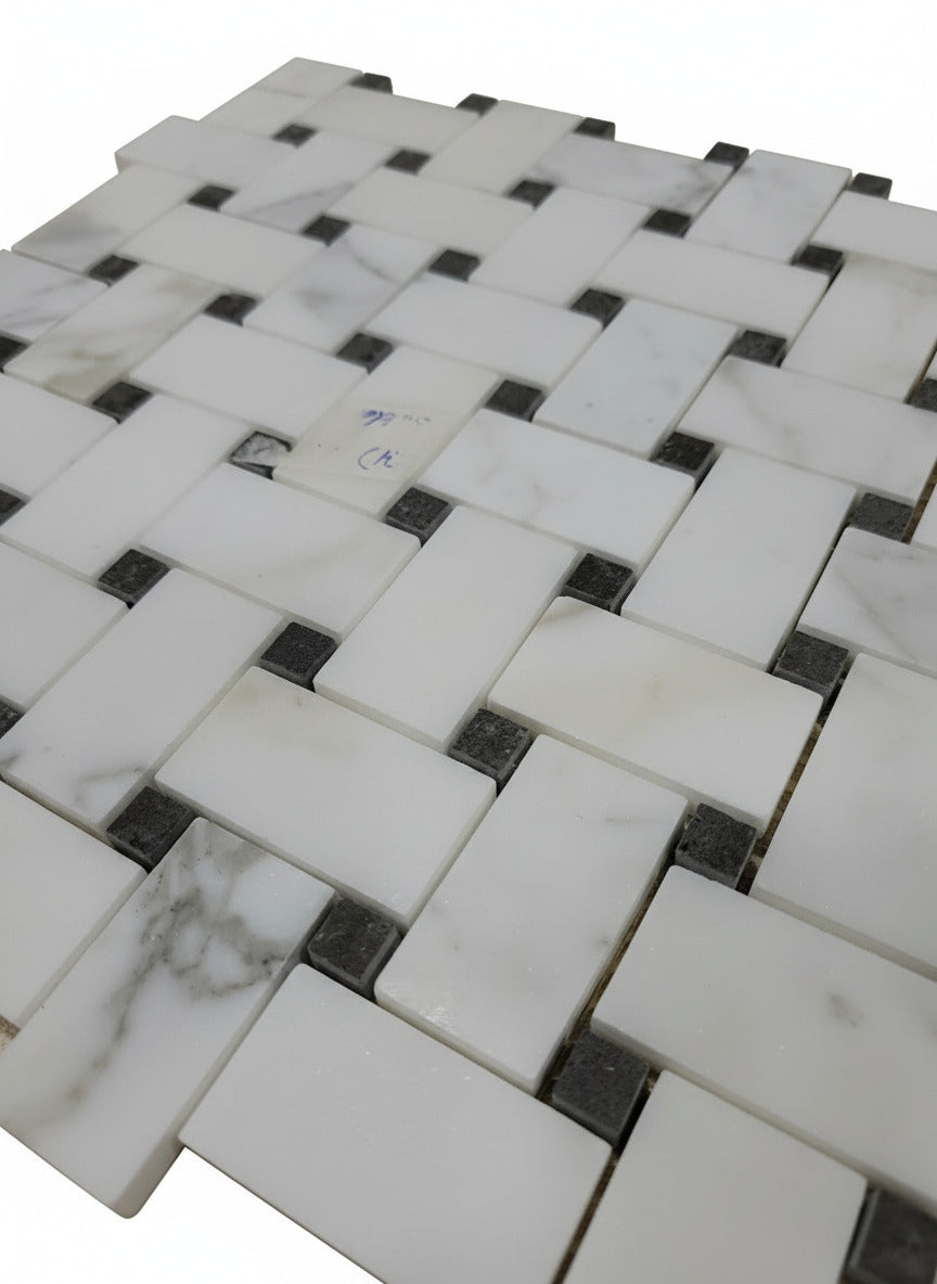 White Marble & Black Dot Basketweave Mosaic Tile Sheet – 12" x 12"