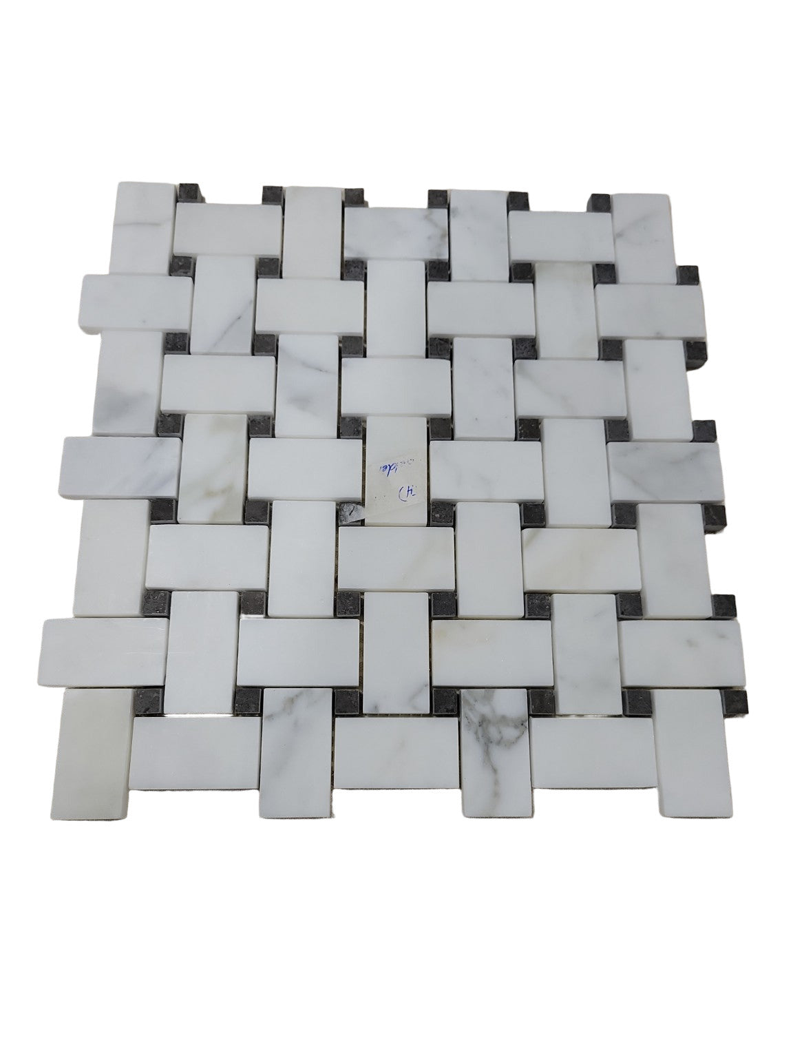 White Marble & Black Dot Basketweave Mosaic Tile Sheet – 12" x 12"