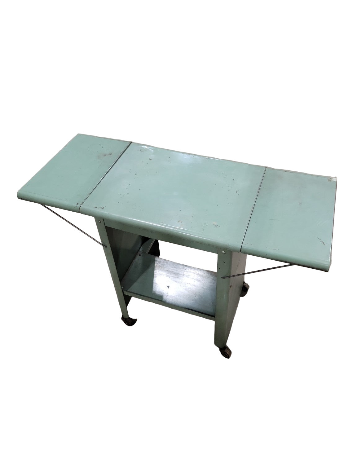 Mid-Century Industrial Drop-Leaf Rolling Cart – Green Metal Utility Table