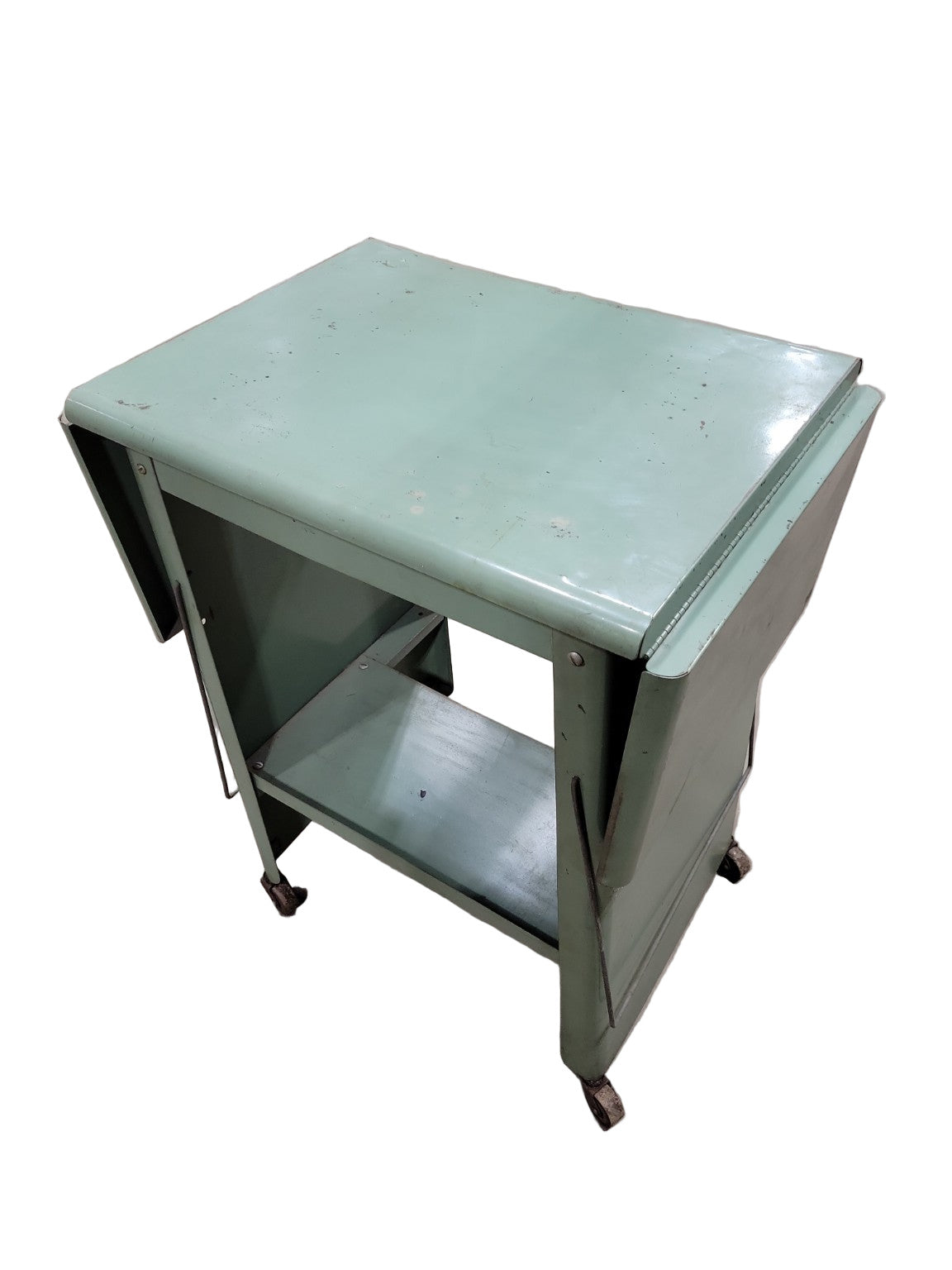 Mid-Century Industrial Drop-Leaf Rolling Cart – Green Metal Utility Table