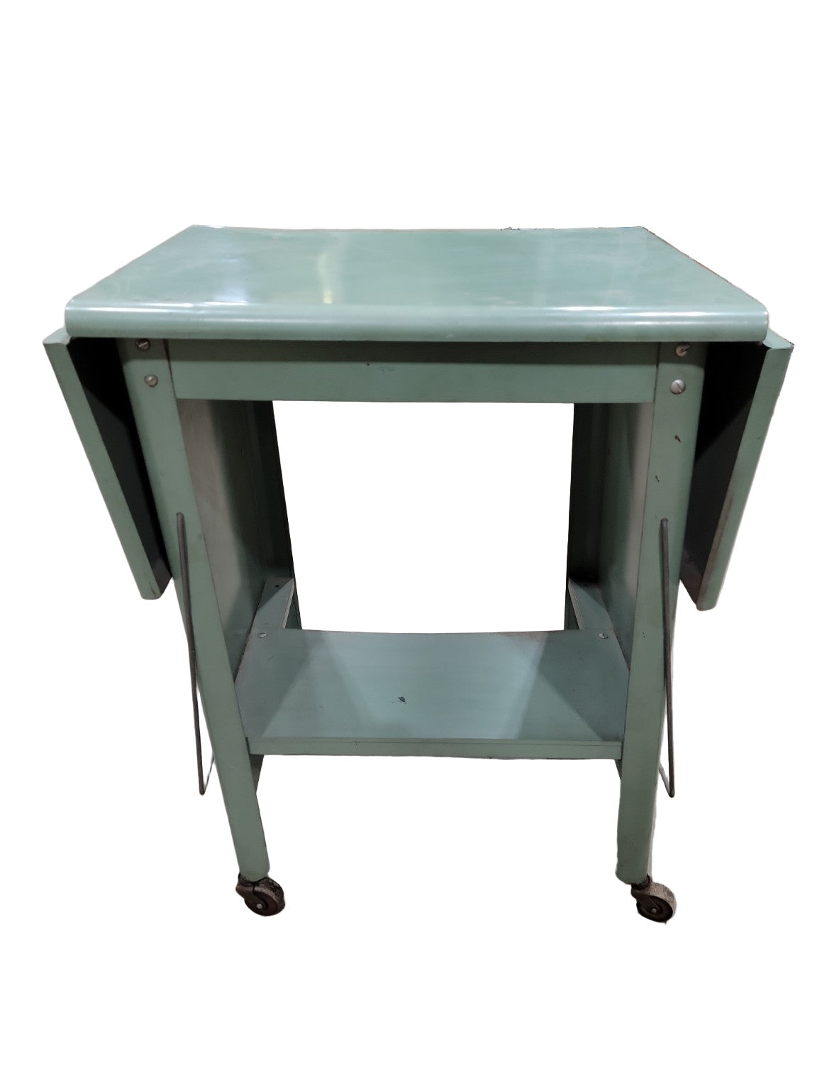 Mid-Century Industrial Drop-Leaf Rolling Cart – Green Metal Utility Table