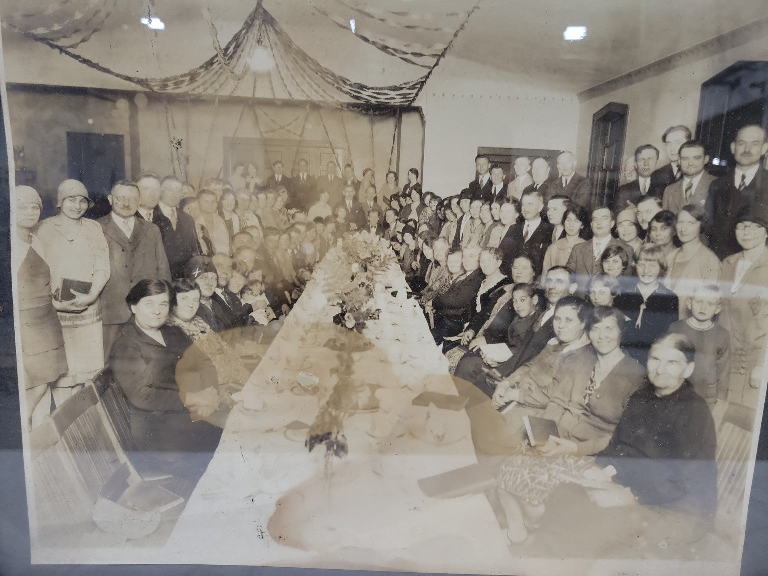 Antique Sepia Photograph – Large Group Banquet Scene in Ornate Frame