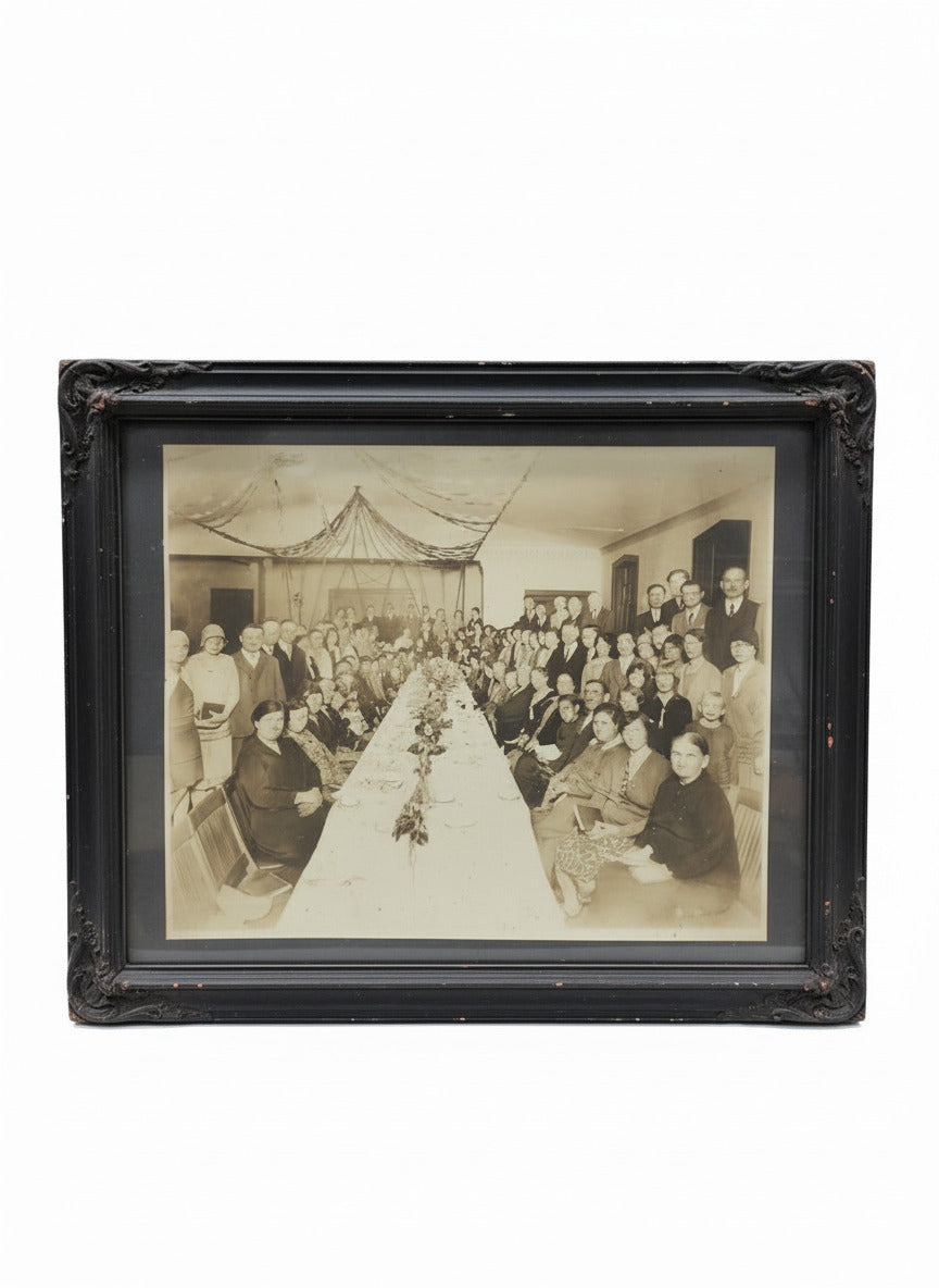Antique Sepia Photograph – Large Group Banquet Scene in Ornate Frame