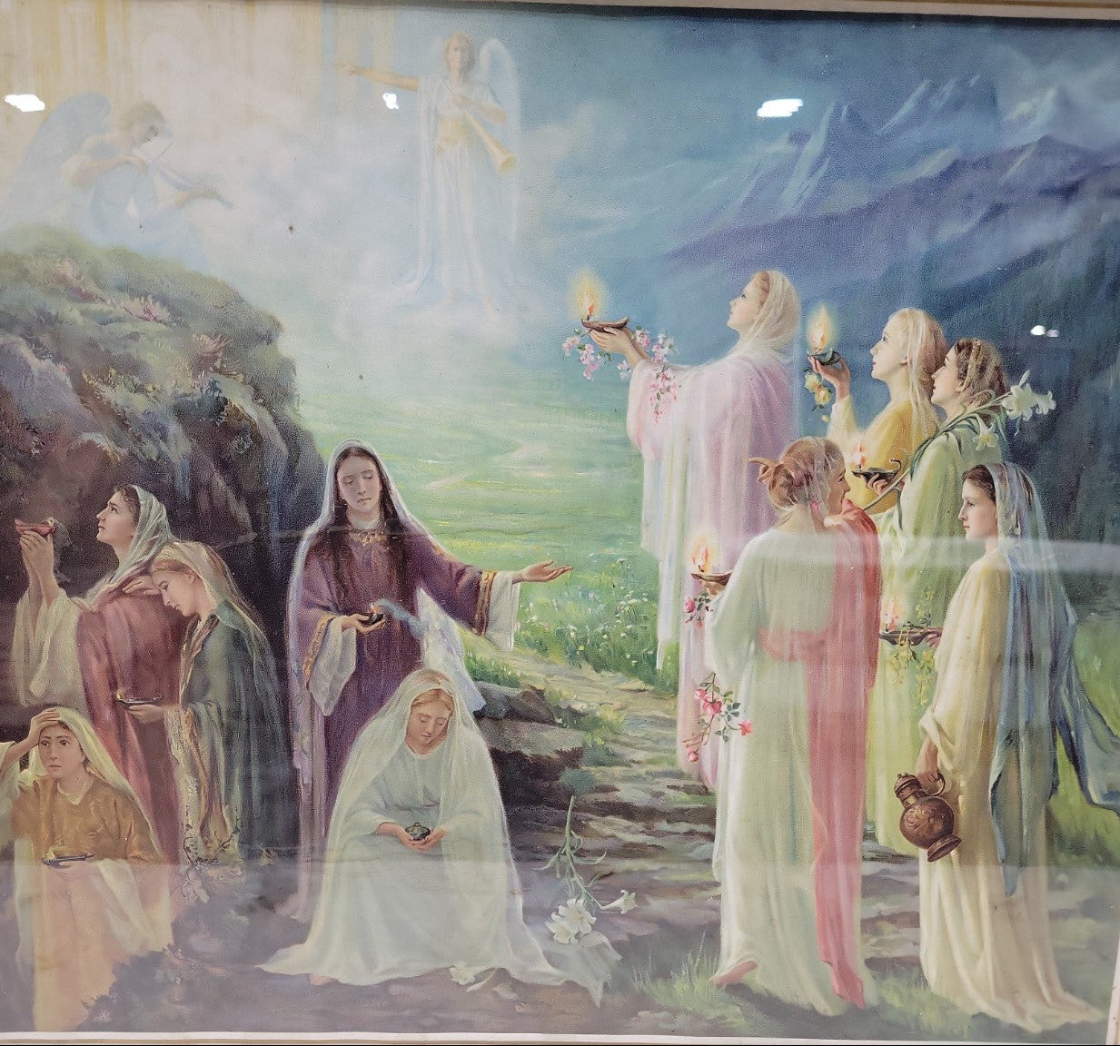 Vintage Religious Print – Parable of the Ten Virgins in Ornate Gesso Frame
