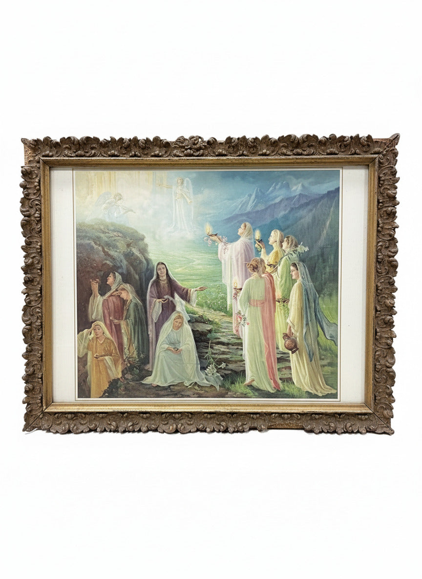 Vintage Religious Print – Parable of the Ten Virgins in Ornate Gesso Frame
