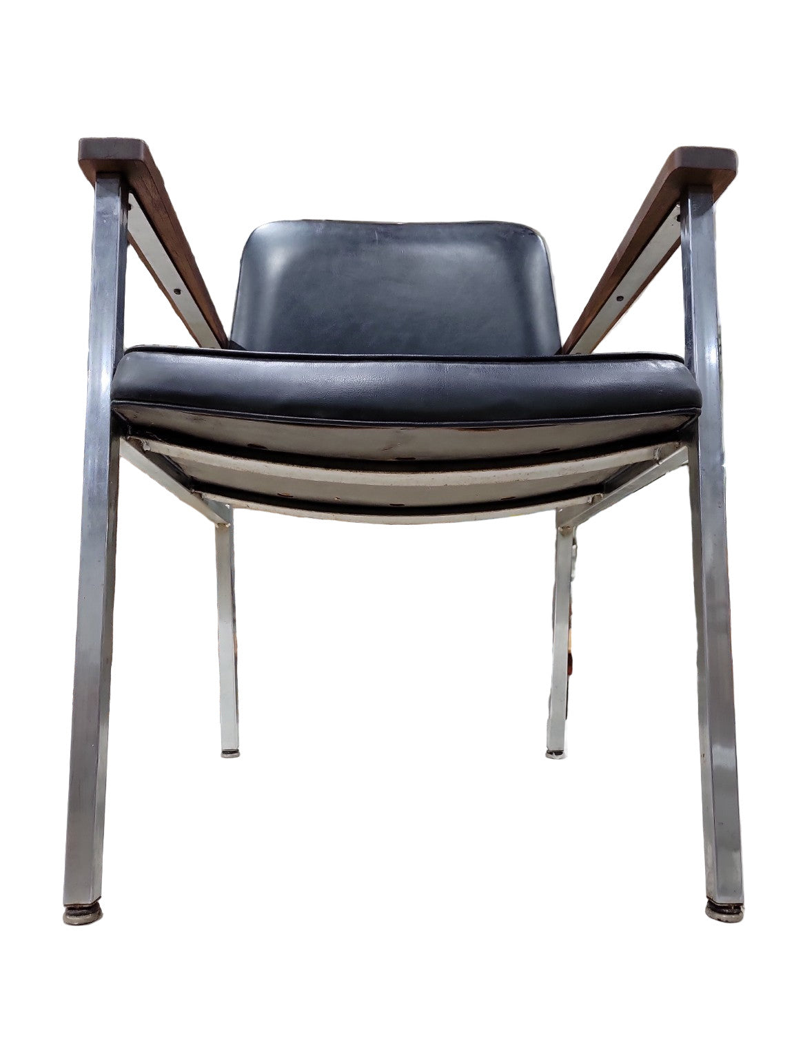 Mid-Century Modern Black Vinyl Armchair – Chrome Frame with Wood Armrests