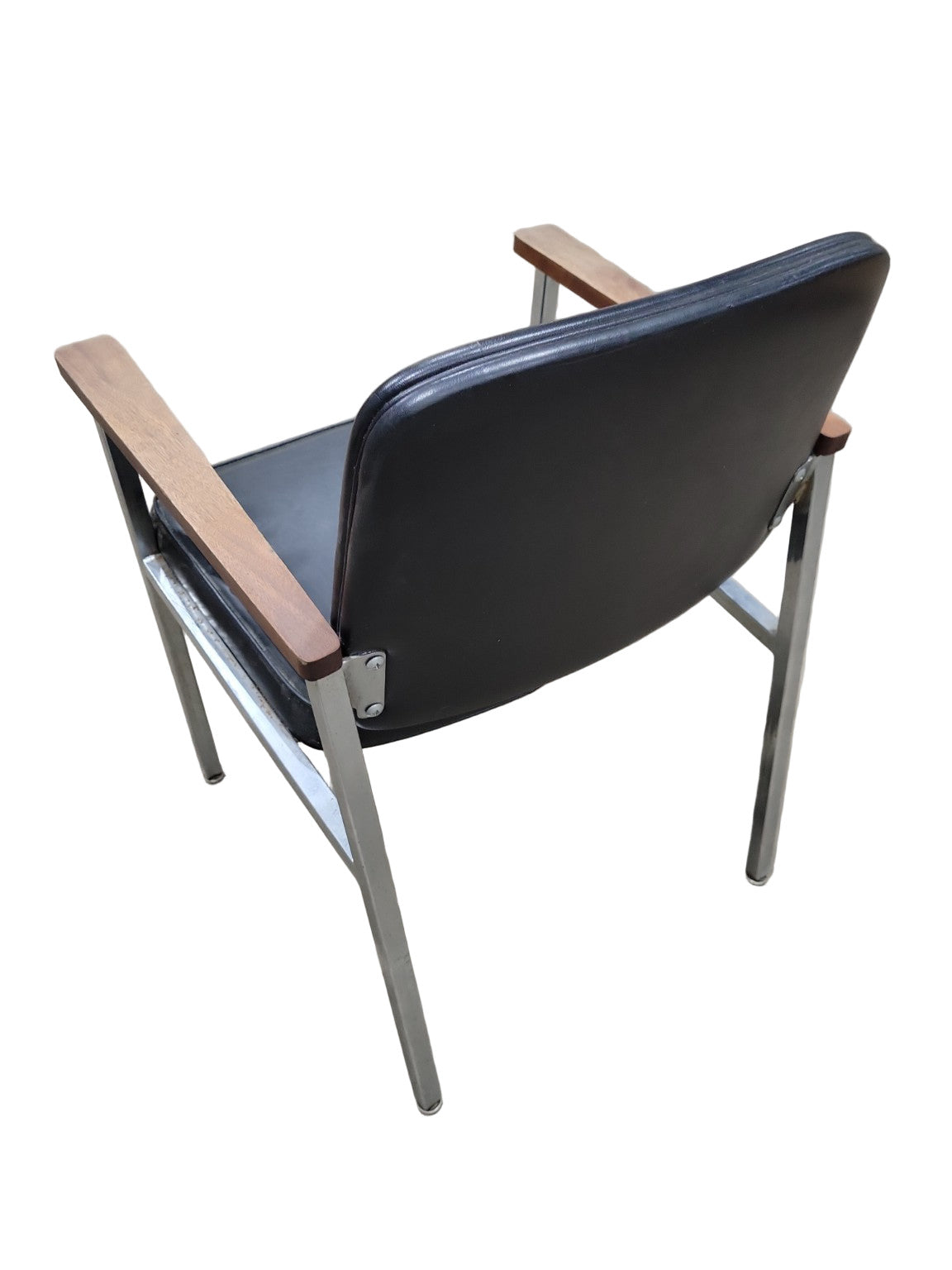 Mid-Century Modern Black Vinyl Armchair – Chrome Frame with Wood Armrests