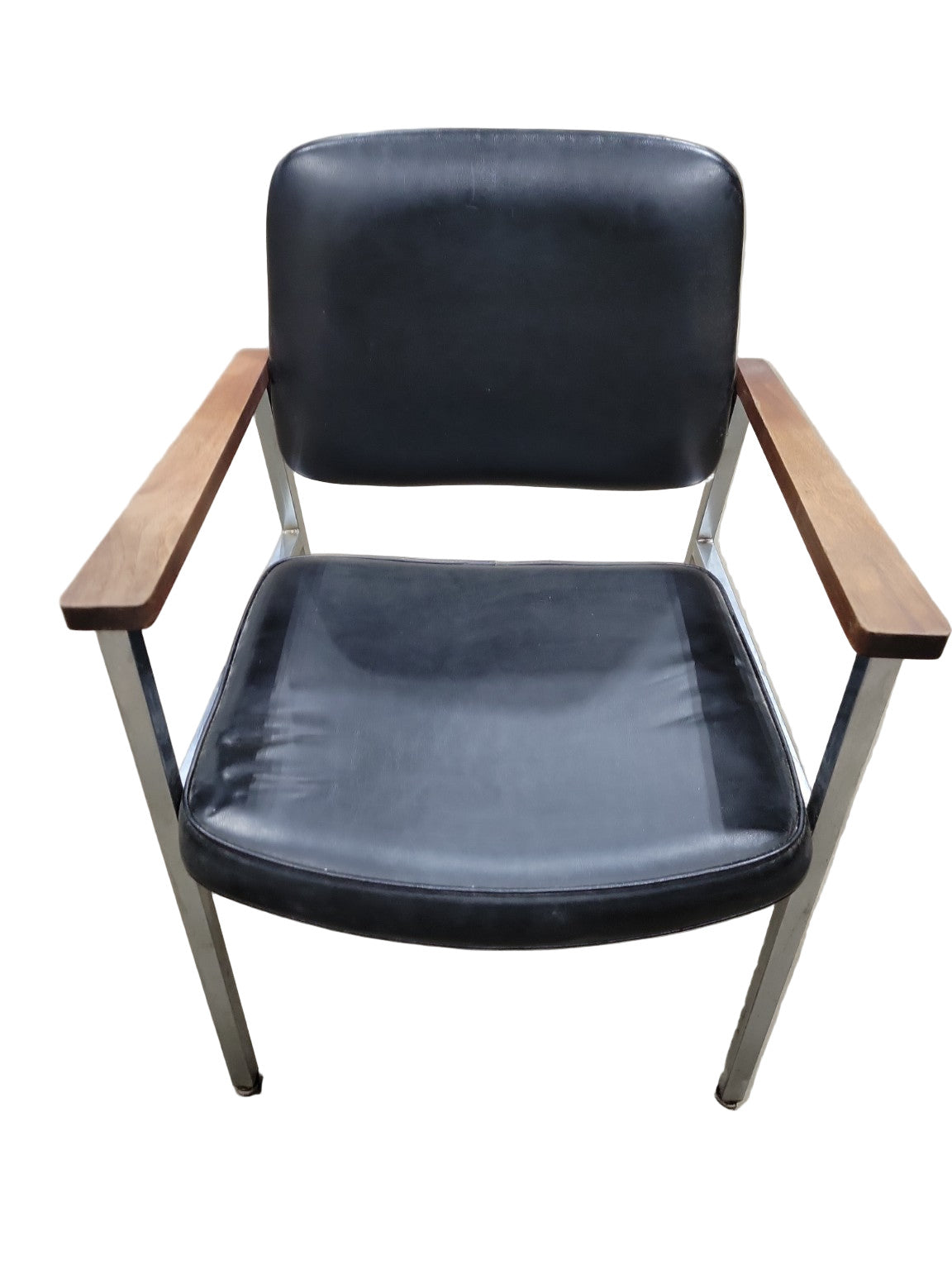 Mid-Century Modern Black Vinyl Armchair – Chrome Frame with Wood Armrests