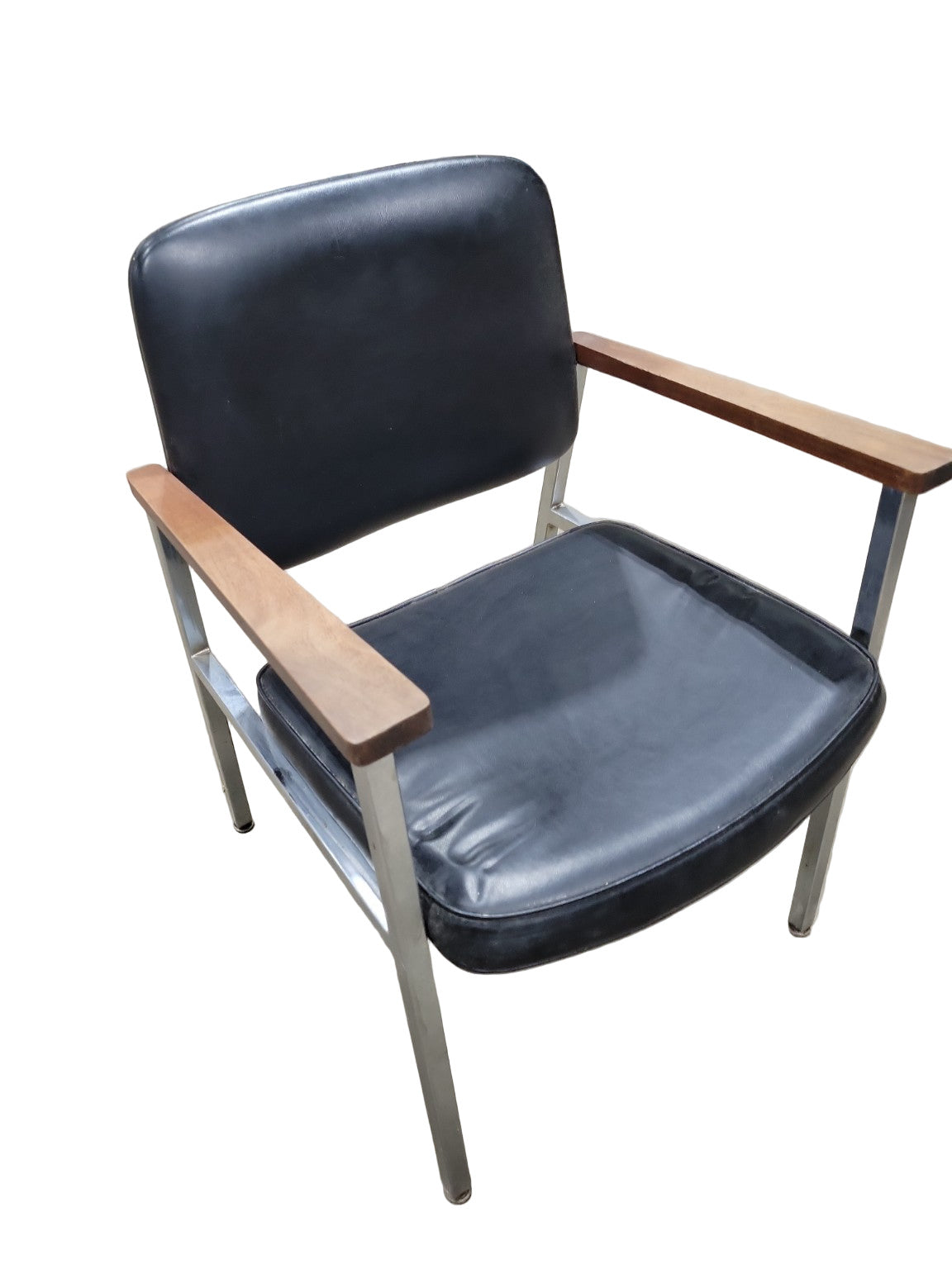Mid-Century Modern Black Vinyl Armchair – Chrome Frame with Wood Armrests