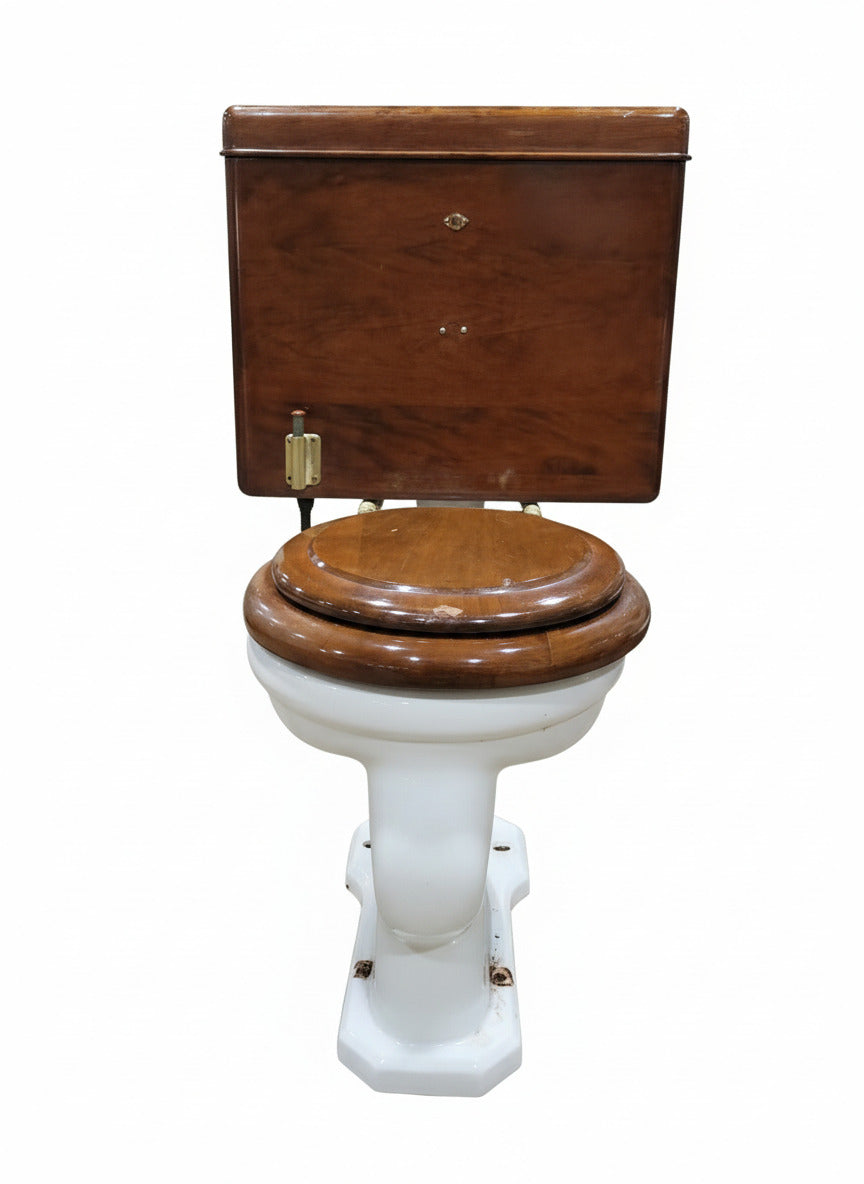 Antique Oak Low-Tank Toilet by Standard Manufacturing Co. – Copper-Lined Tank, Brass Hardware & Ceramic Bowl