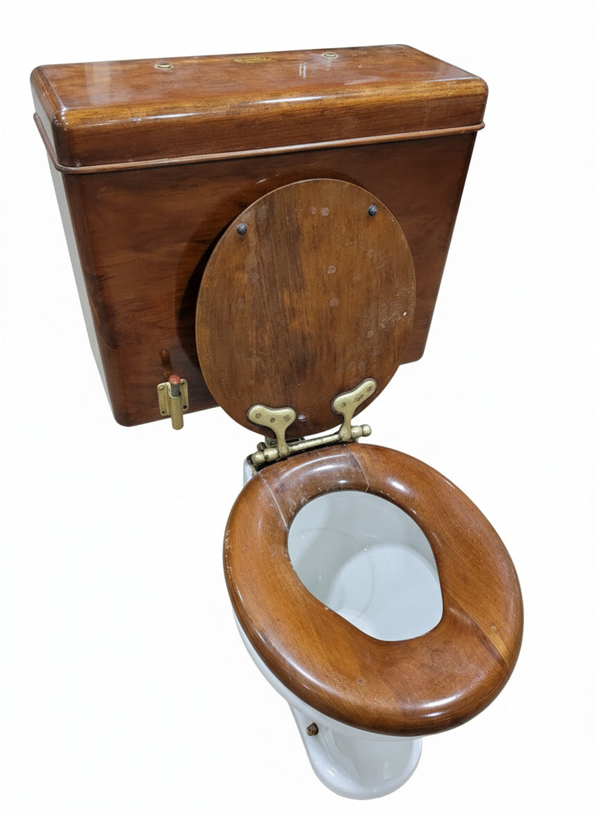 Antique Oak Low-Tank Toilet by Standard Manufacturing Co. – Copper-Lined Tank, Brass Hardware & Ceramic Bowl