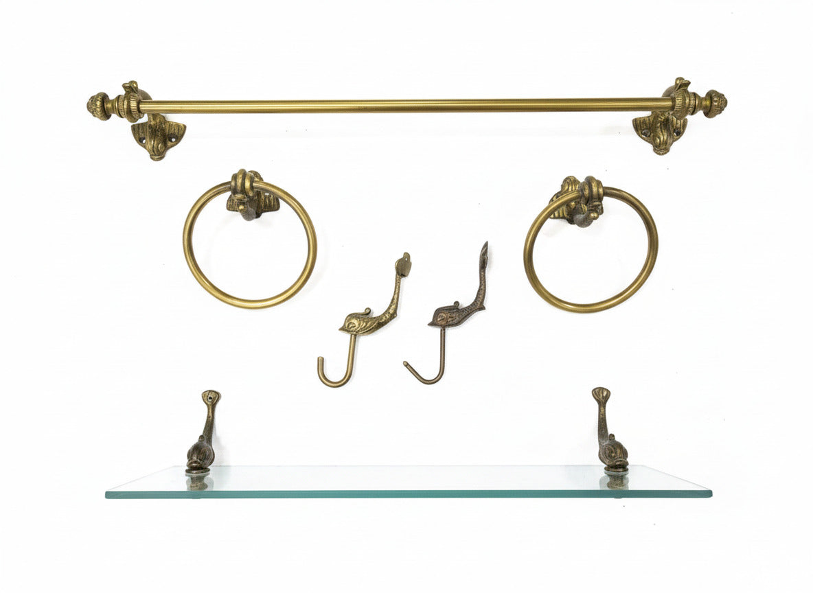 Vintage Brass Bathroom Hardware Set – Fish Motif (7-Piece Set)