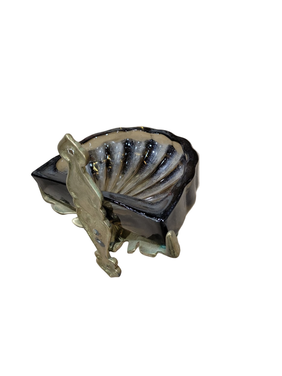 Vintage Wall-Mounted Amber Glass Soap Dish with Ornate Brass Bracket