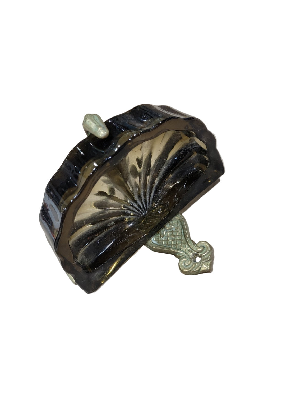 Vintage Wall-Mounted Amber Glass Soap Dish with Ornate Brass Bracket