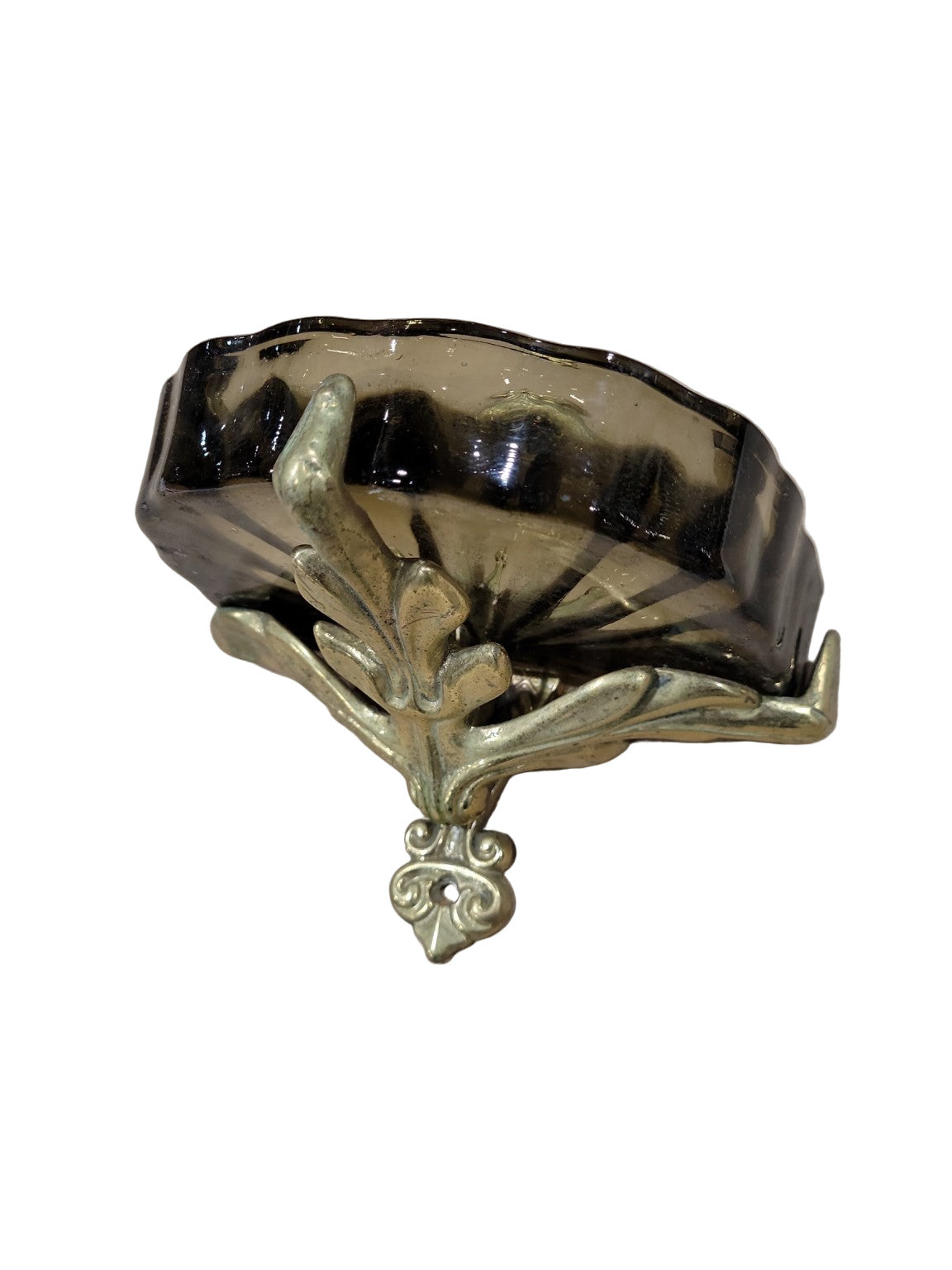 Vintage Wall-Mounted Amber Glass Soap Dish with Ornate Brass Bracket