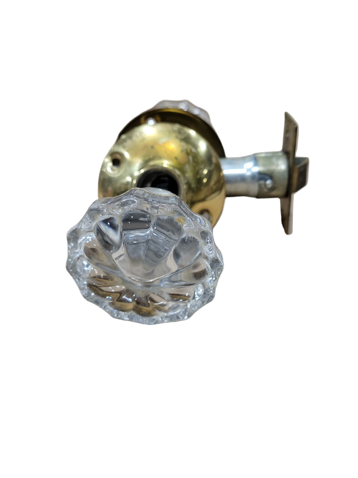 Vintage Fluted Glass Doorknob Set with Brass Rosettes and Latch