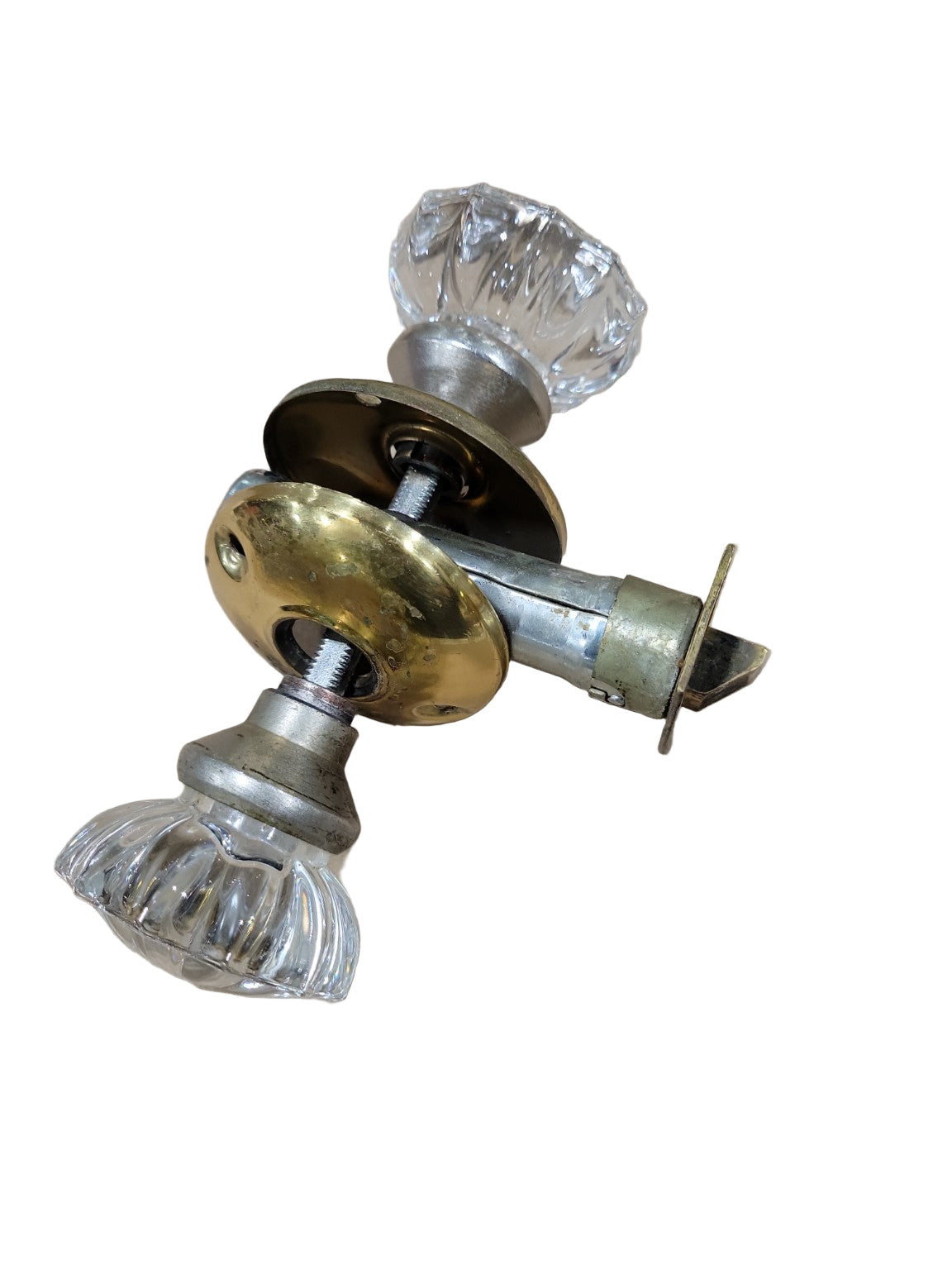 Vintage Fluted Glass Doorknob Set with Brass Rosettes and Latch