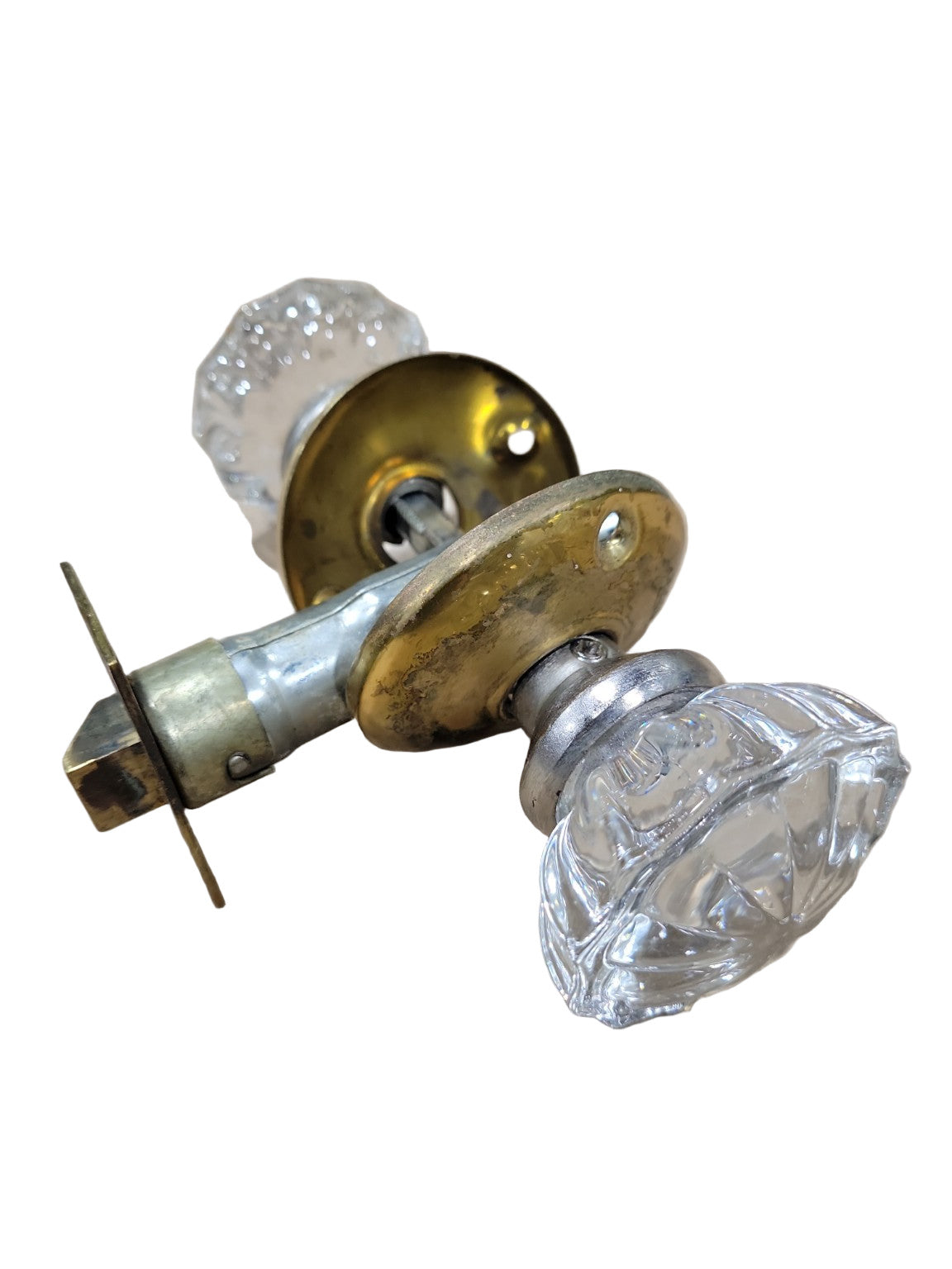 Vintage Fluted Glass Doorknob Set with Brass Rosettes and Latch