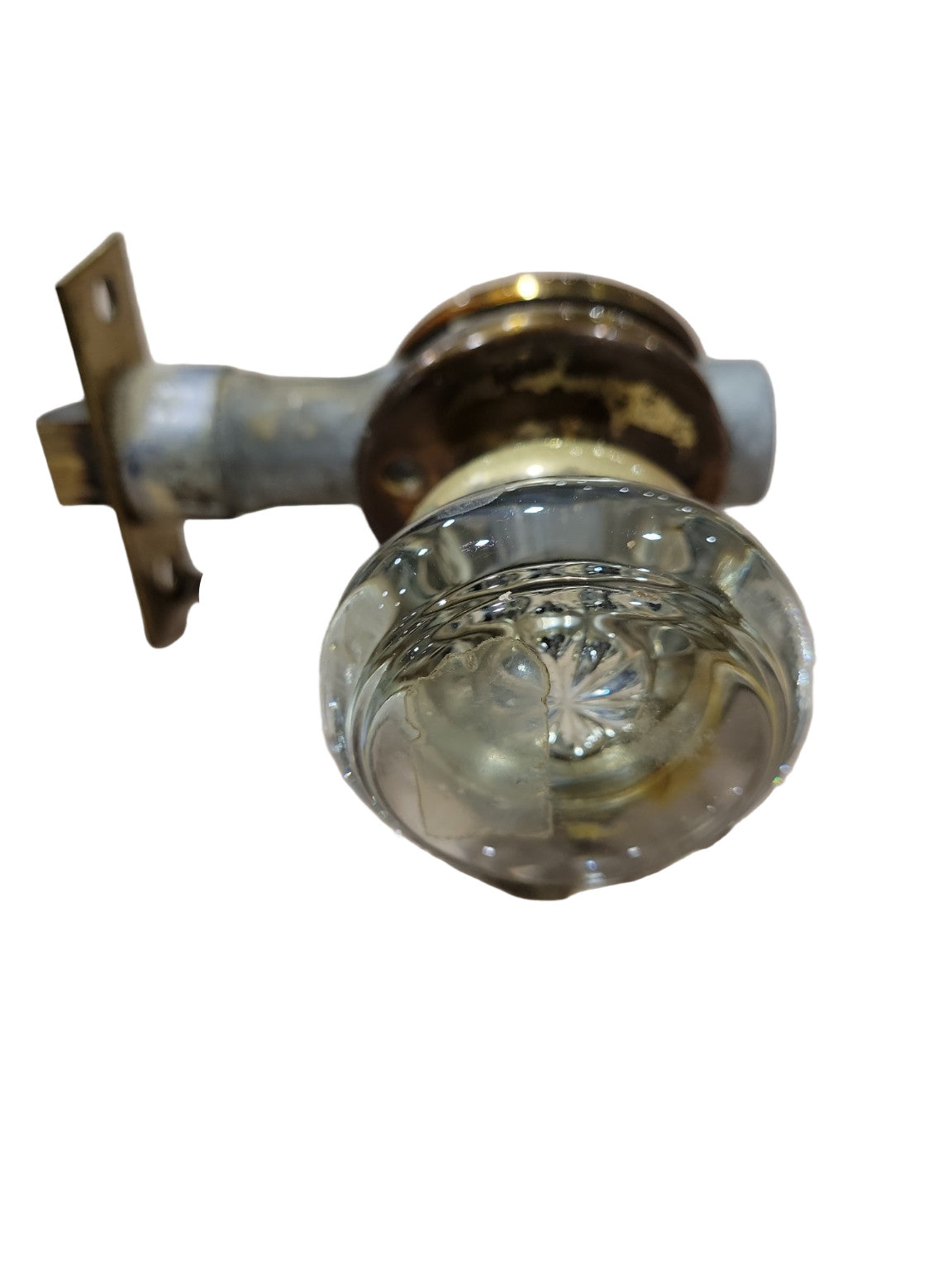 Vintage Glass Doorknob Set with Brass Turn Lock – Starburst Center (One Side)