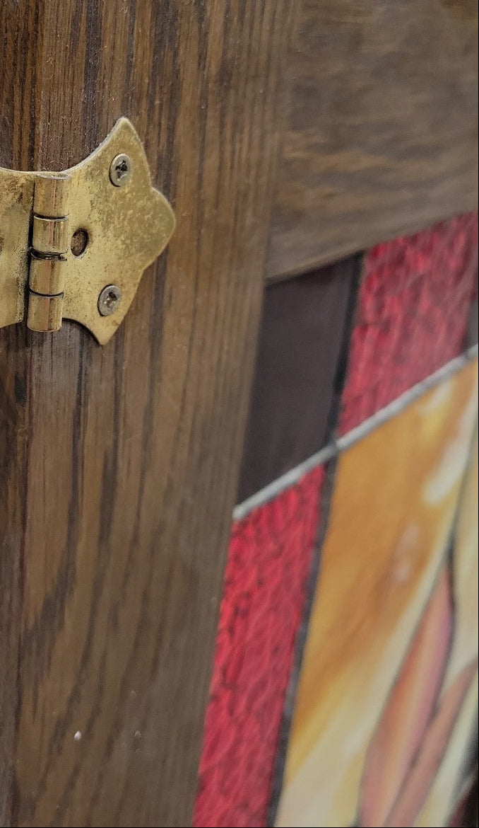 Tall Stained Glass Cabinet Door – Tulip Motif in Oak Frame