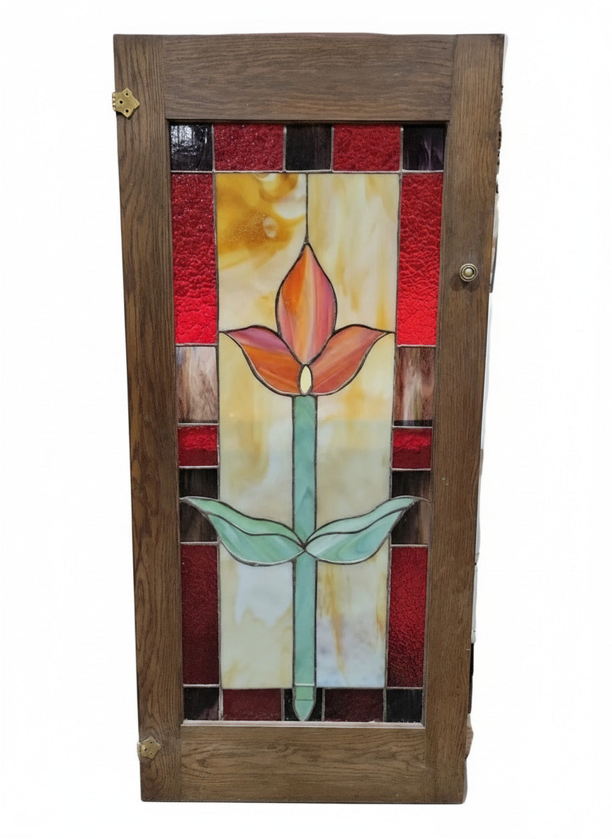 Tall Stained Glass Cabinet Door – Tulip Motif in Oak Frame