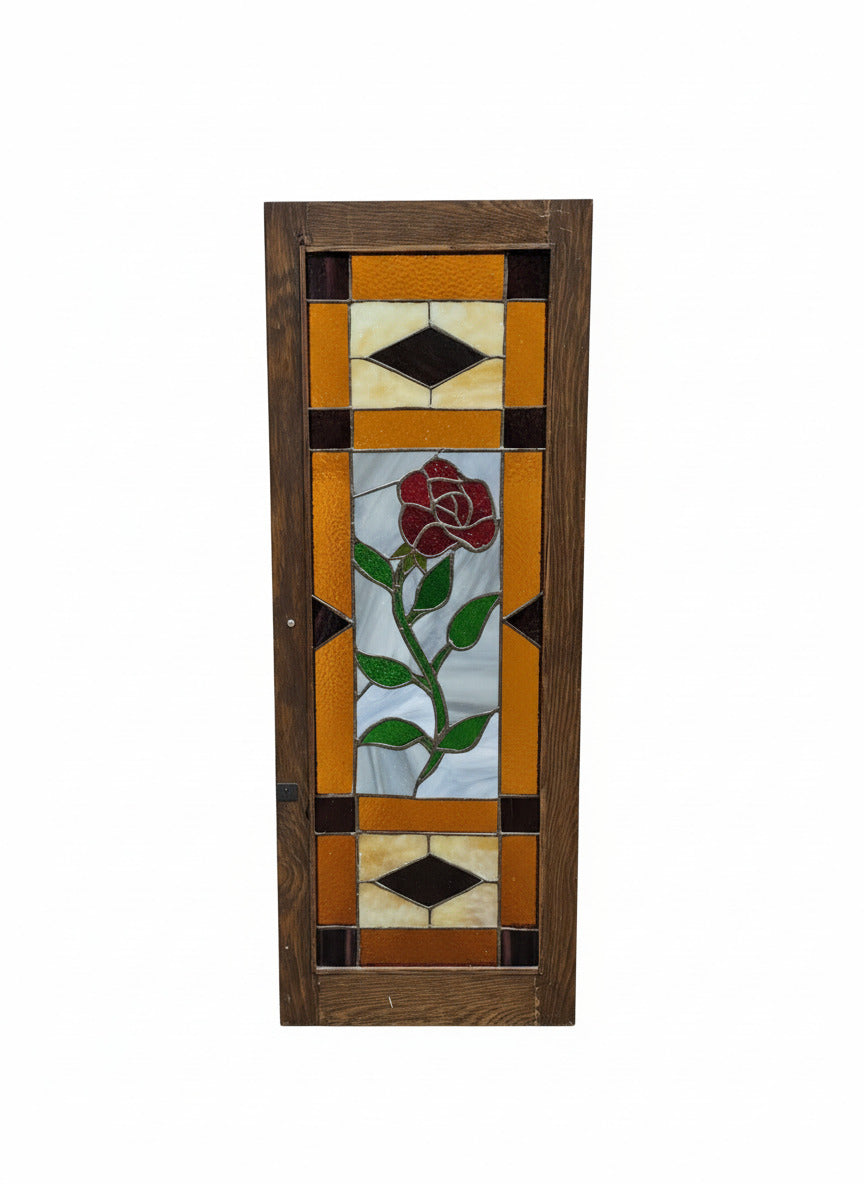 Stained Glass Cabinet Door – Red Rose Design in Oak Frame