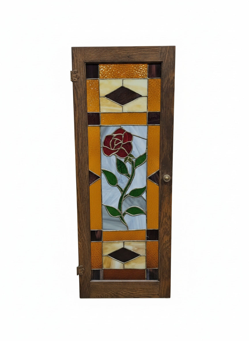 Stained Glass Cabinet Door – Red Rose Design in Oak Frame