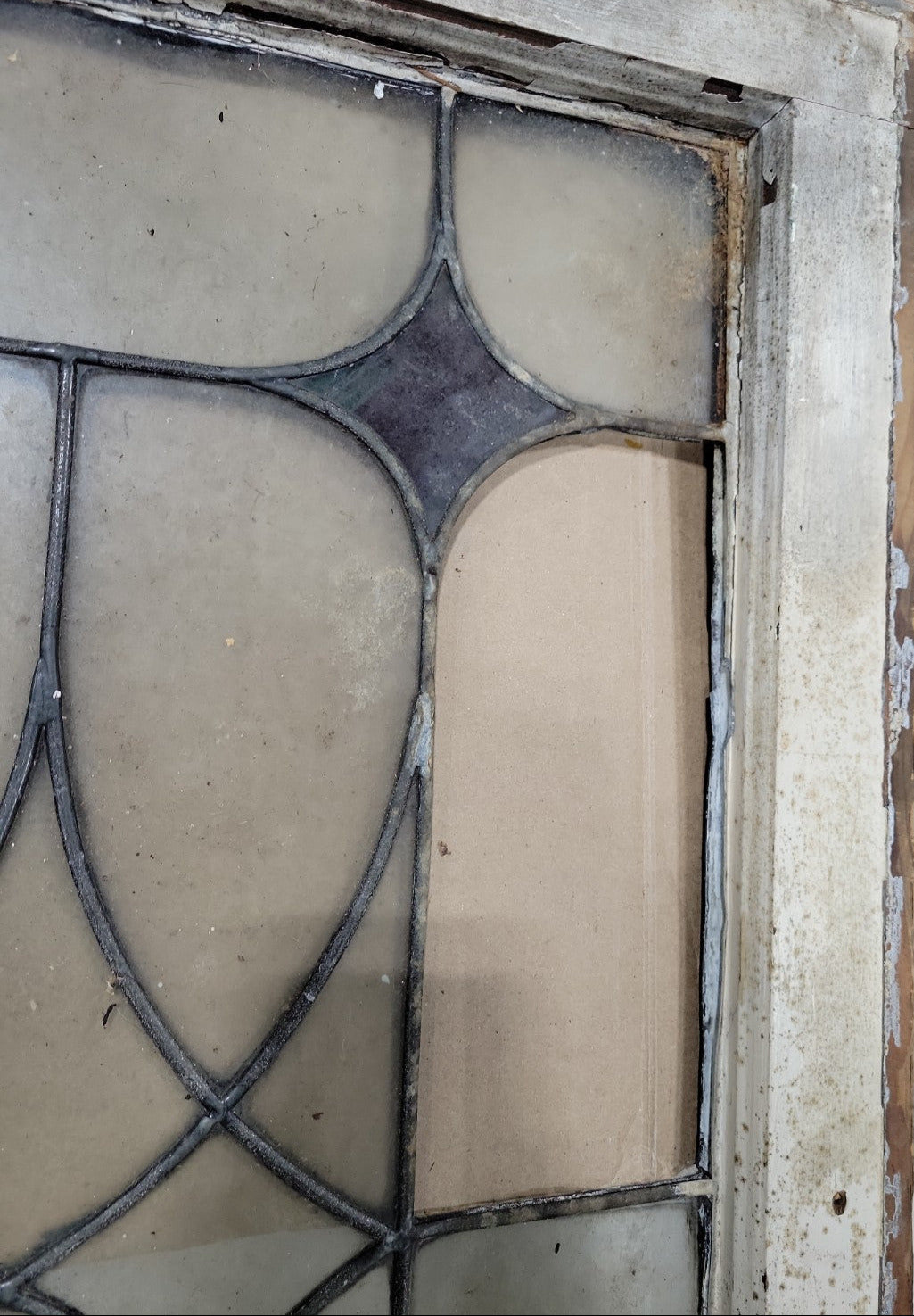 Antique Leaded Glass Window – Diamond Scroll Pattern in Original Wood Frame Missing One Glass Pane
