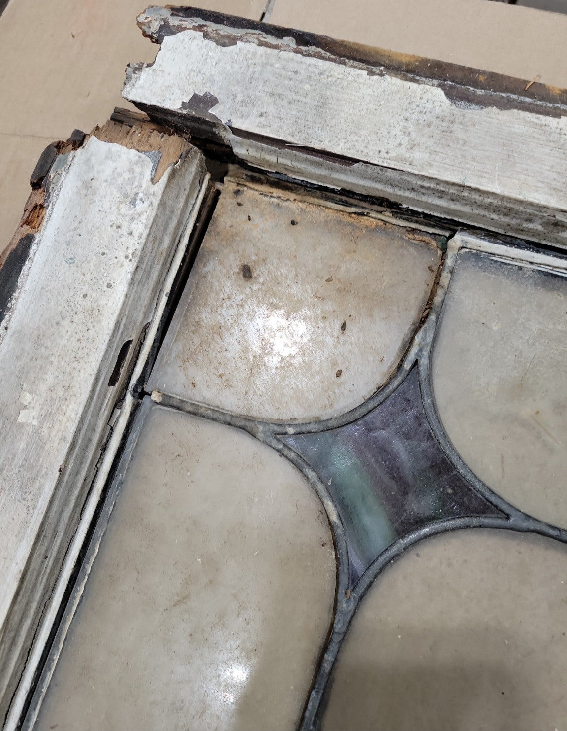 Antique Leaded Glass Window – Diamond Scroll Pattern in Original Wood Frame Missing One Glass Pane