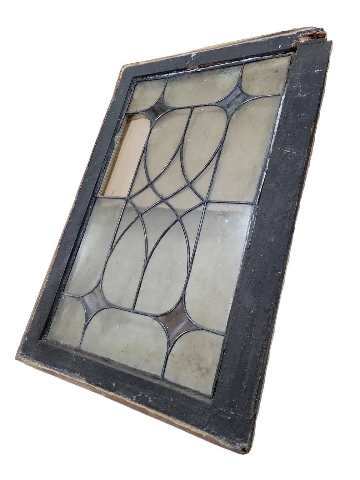 Antique Leaded Glass Window – Diamond Scroll Pattern in Original Wood Frame Missing One Glass Pane