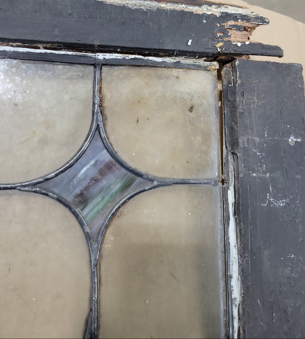 Antique Leaded Glass Window – Diamond Scroll Pattern in Original Wood Frame Missing One Glass Pane