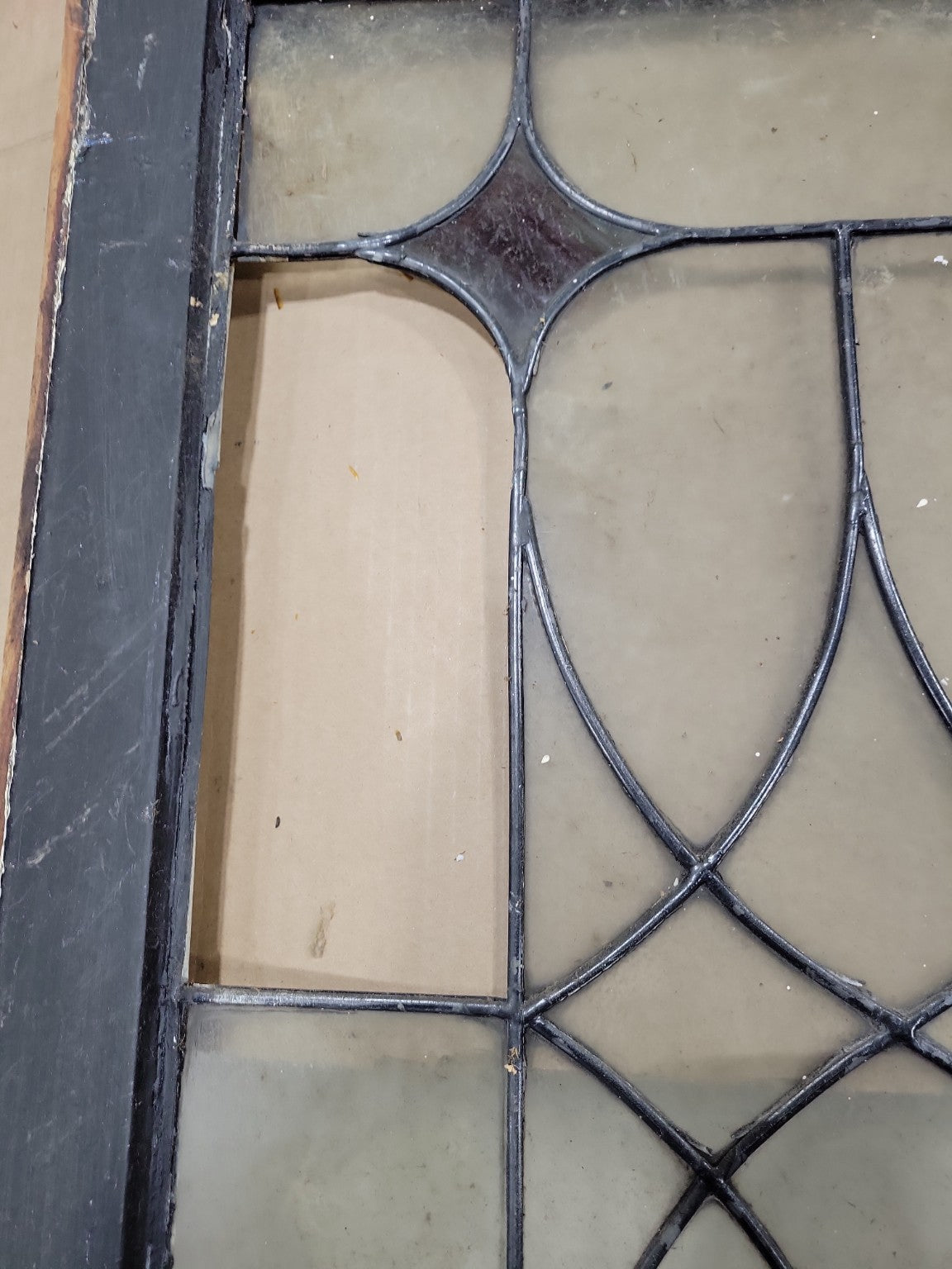 Antique Leaded Glass Window – Diamond Scroll Pattern in Original Wood Frame Missing One Glass Pane
