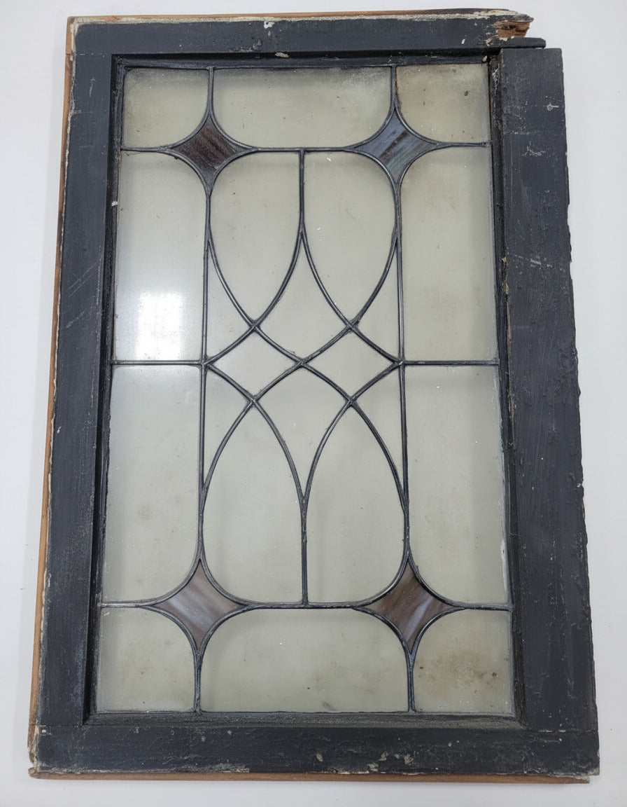 Antique Leaded Glass Window – Diamond Scroll Pattern in Original Wood Frame Missing One Glass Pane
